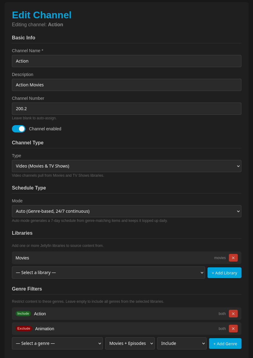 Channel editor showing name, libraries, genre include/exclude filters
