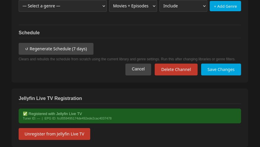 Channel editor bottom — schedule regeneration and Jellyfin Live TV registration