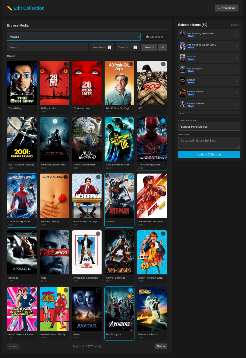 Collection editor showing a media browser grid of movie posters with a selected items panel