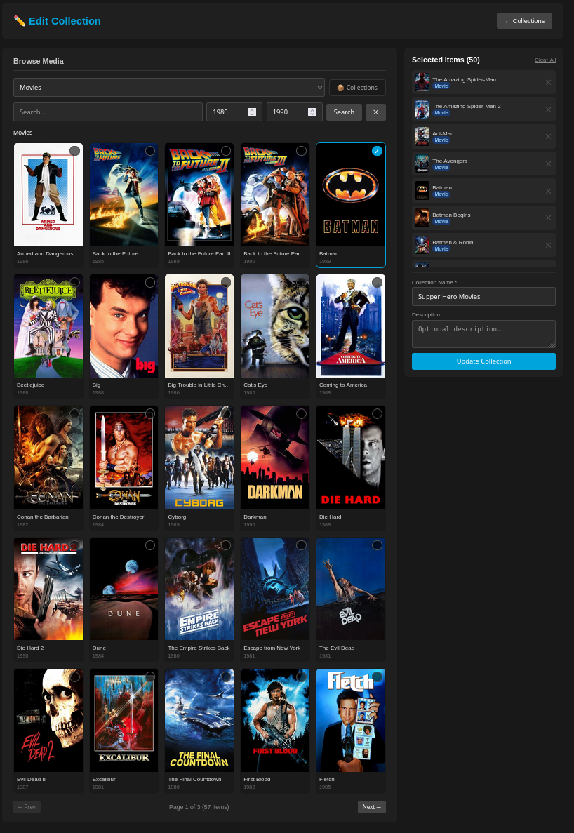 Browsing movies in the collection editor with Back to the Future, Batman, and more