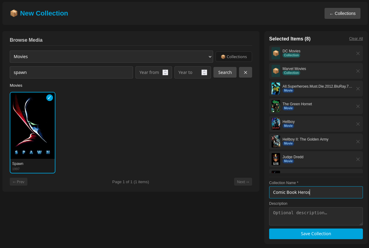 Creating a new collection named "Comic Book Heroes" with 8 selected items